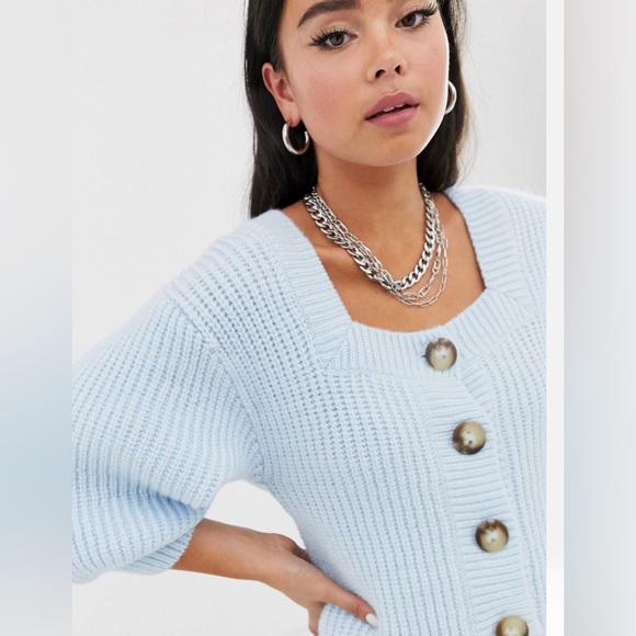 ASOS Design Light Blue Square Neck Volume Sleeve Button Front Sweater - Picture 2 of 7